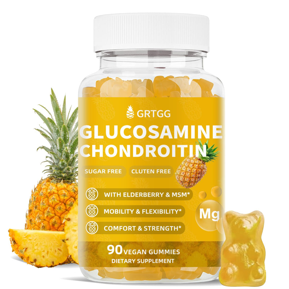 GRTGG Glucosamine Chondroitin gummies bottle front showing joint support and pineapple flavor.