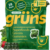 Grüns sugar-free super greens gummies bottle for on-the-go daily nutrition.