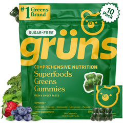 Grüns sugar-free super greens gummies strawberry flavor bottle promote convenient daily nutrition.