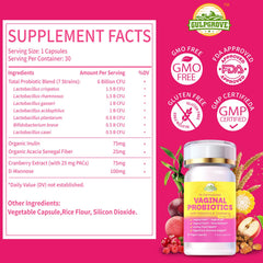 GulpGrove vaginal probiotics bottle label highlights seven strains and vegan formula