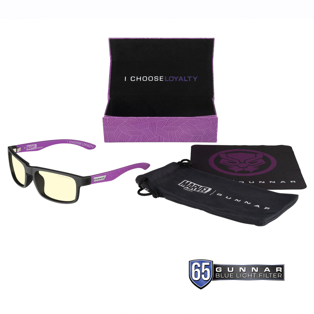GUNNAR Enigma Black Panther Edition frame closeup; durable nylon for gaming comfort.