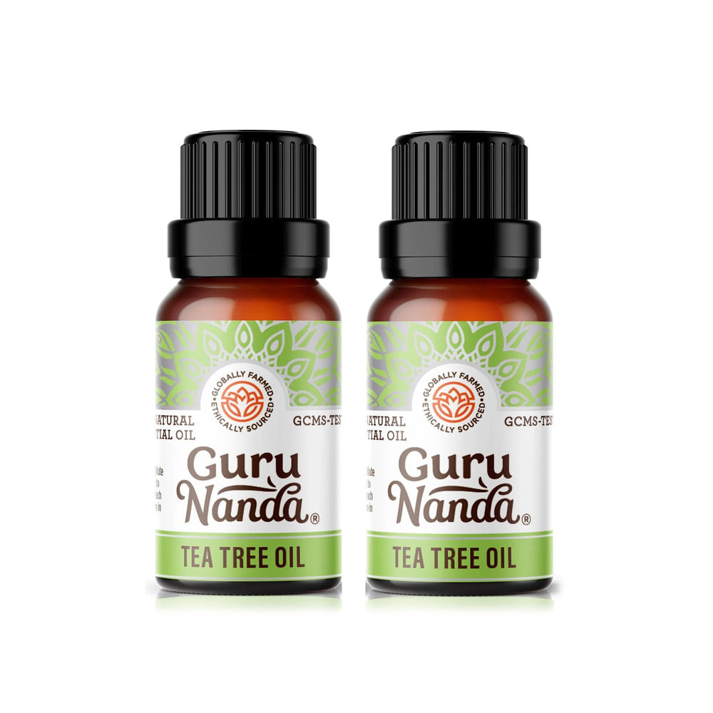 GuruNanda Tea Tree Essential Oil bottle in amber glass preserves purity for long shelf life.