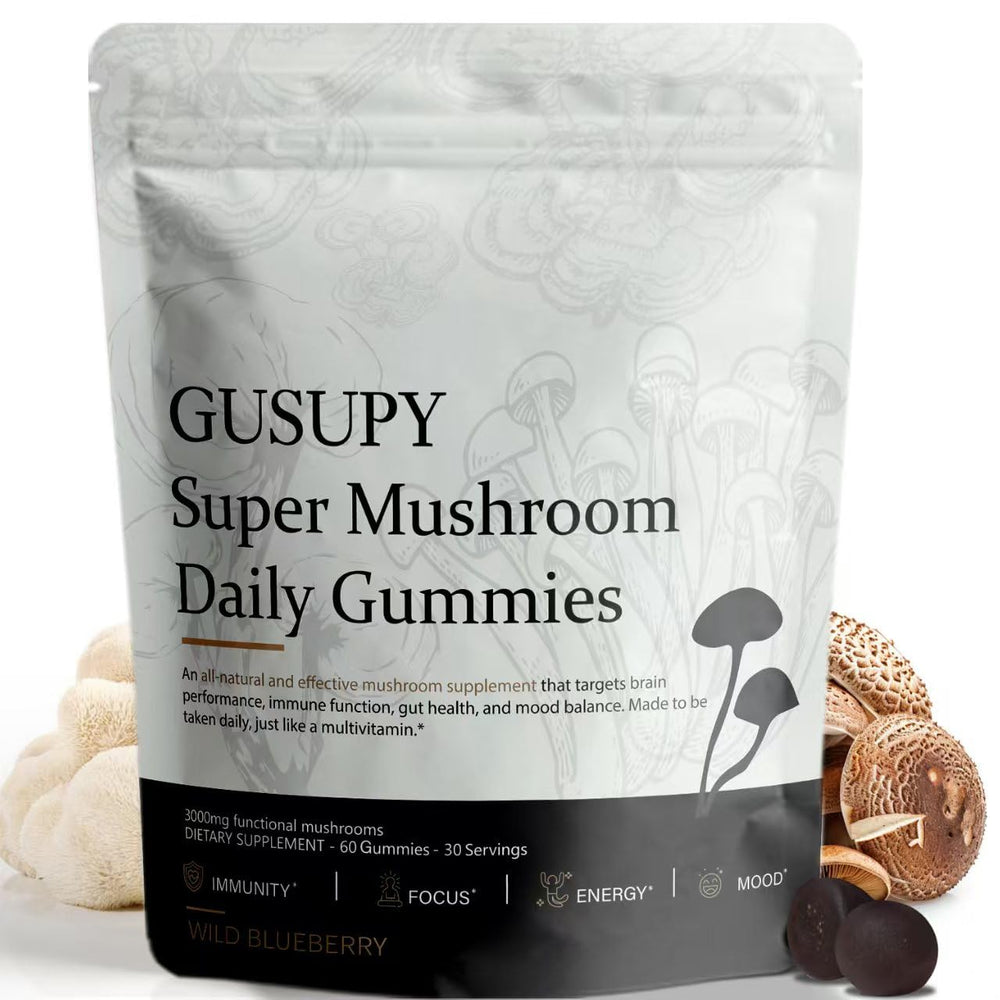GUSUPY Lions Mane gummy blueberry bottle showcases brain-boosting daily supplement.