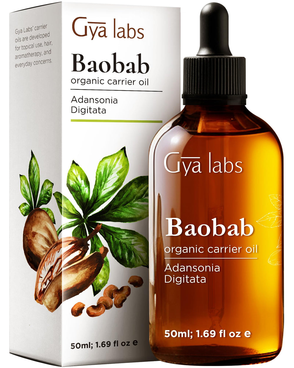 Gya Labs Baobab Carrier Oil bottle close-up highlighting the product for skin care benefits