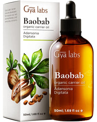 Gya Labs Baobab Carrier Oil bottle close-up highlighting the product for skin care benefits