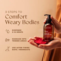 Gya Labs Rose Massage Oil carrier oils blend illustrating nourishing ingredients for skin.