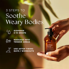 Gya Labs Soothing Massage Oil bottle close-up highlights natural ingredients.