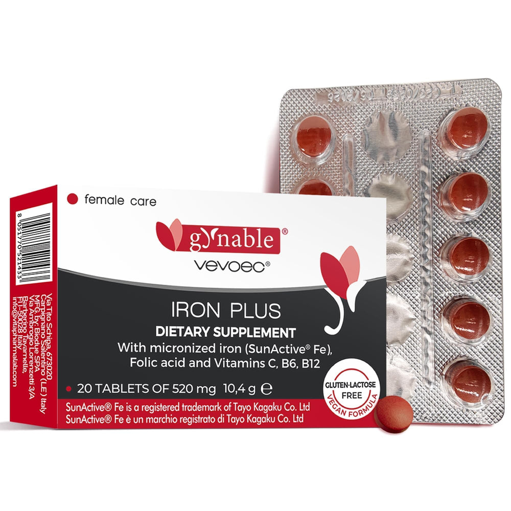 Gynable Iron Plus bottle featuring slow-release tablets for steady energy.