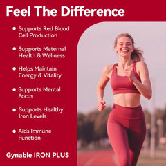 Gynable Iron Plus label close-up highlights gluten-free, dairy-free formula for sensitive users.