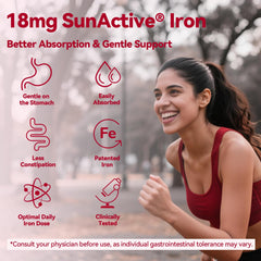 Gynable Iron Plus pill close-up shows 18 mg dose designed for daily use.