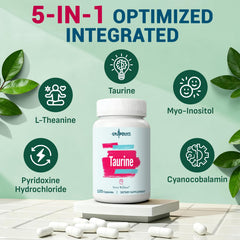 Gyumolics Taurine label highlights non-GMO and gluten-free ingredients.
