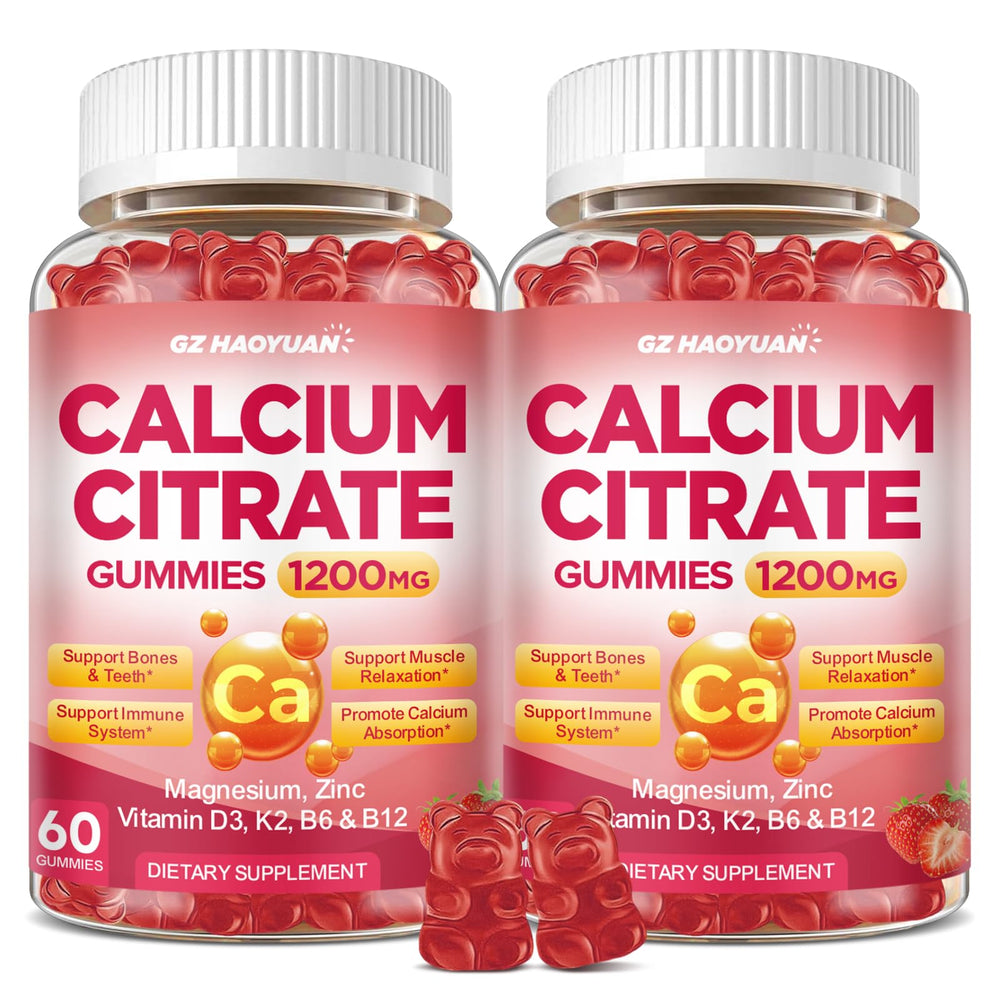 GZ HaoYuan calcium citrate gummies bottle emphasizes strawberry flavor and easy daily support.