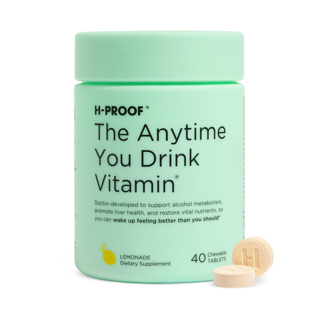 H-PROOF Anytime Drink bottle and tablets for post-drink metabolism support.