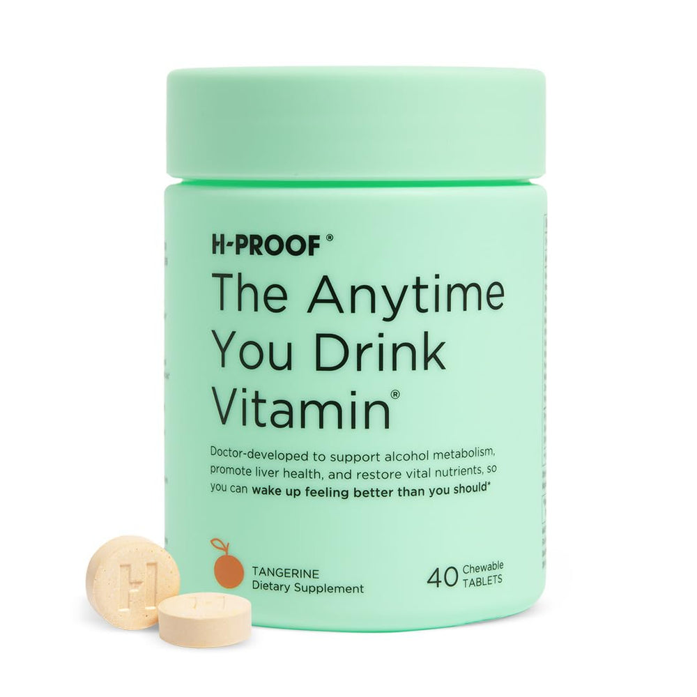 H-PROOF Anytime You Drink Vitamin bottle close-up for post-drink replenishment after a night out