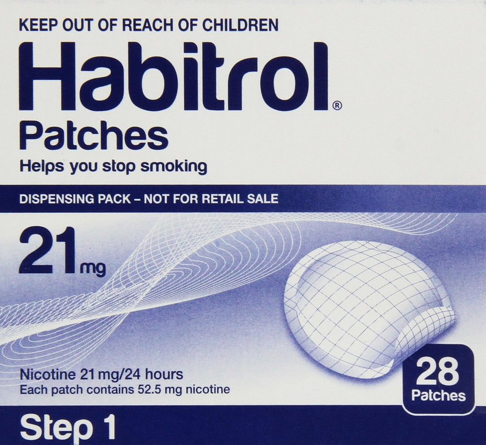 Habitrol Step 1 patch packaging display supports nicotine replacement