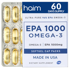 HAIM EPA1000 bottle front shows the 1,000mg EPA omega-3 formula for heart support.