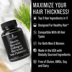 Hair Thickness Maximizer capsules close-up featuring Biotin and Keratin in a daily tablet