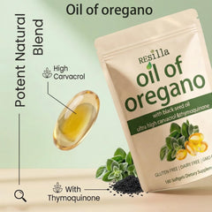 Hairhalo Resilla Oil of Oregano Softgels label highlighting premium non-GMO ingredients for daily wellness.