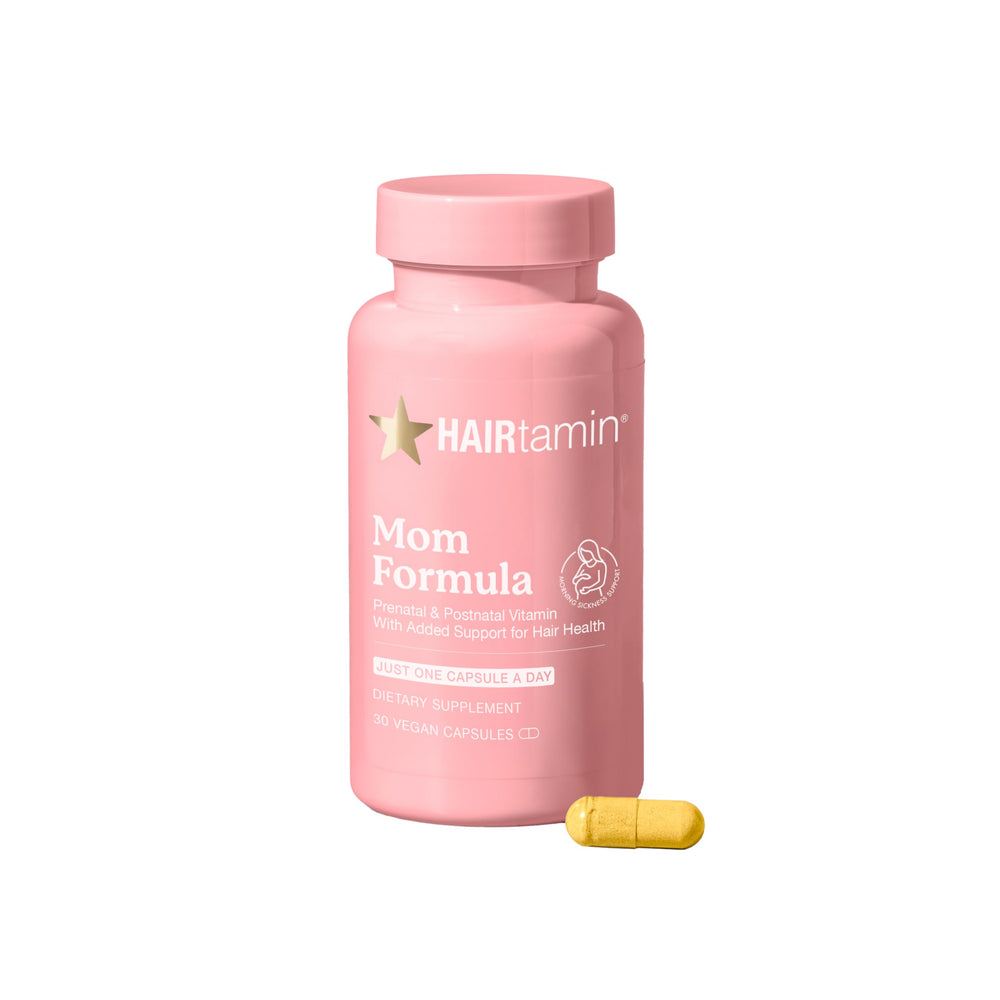HAIRtamin MOM prenatal bottle promoting hair health during pregnancy