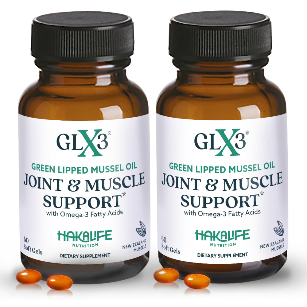 HAKA GLX3 bottle front showing premium NZ mussel oil for joint support.