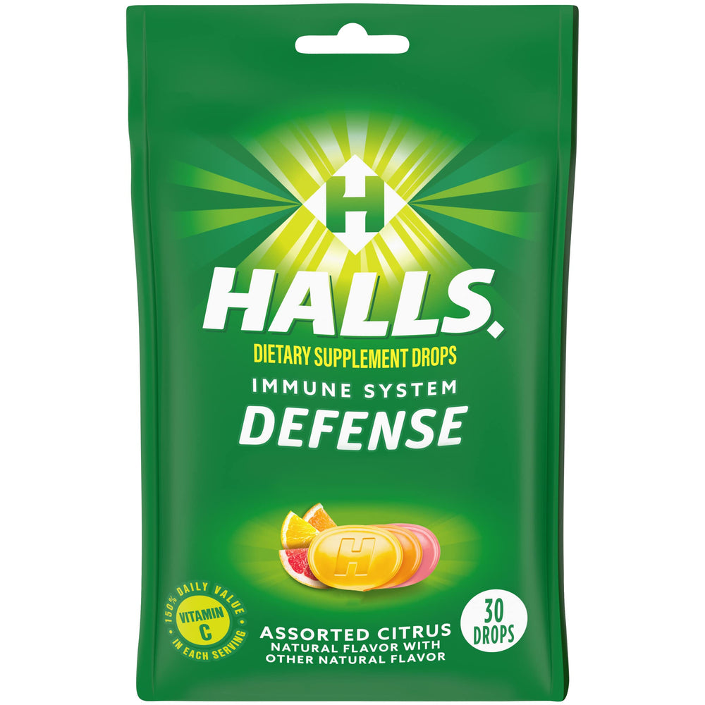 HALLS Defense Citrus Vitamin C Drops bottle on counter for daily vitamin C