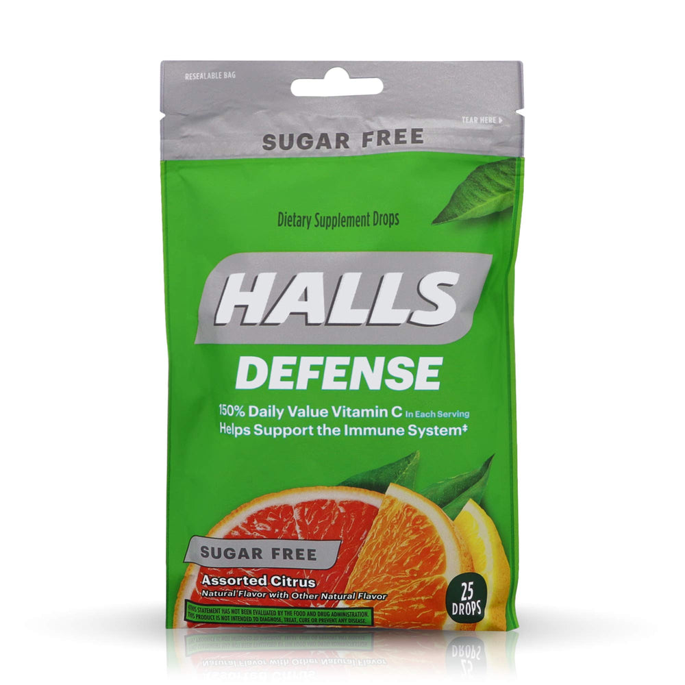 HALLS Defense Vitamin C Drops bottle with sugar-free citrus flavor for immune support on the go.