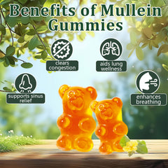 Close-up of pear flavored gummies highlighting mullein benefits.