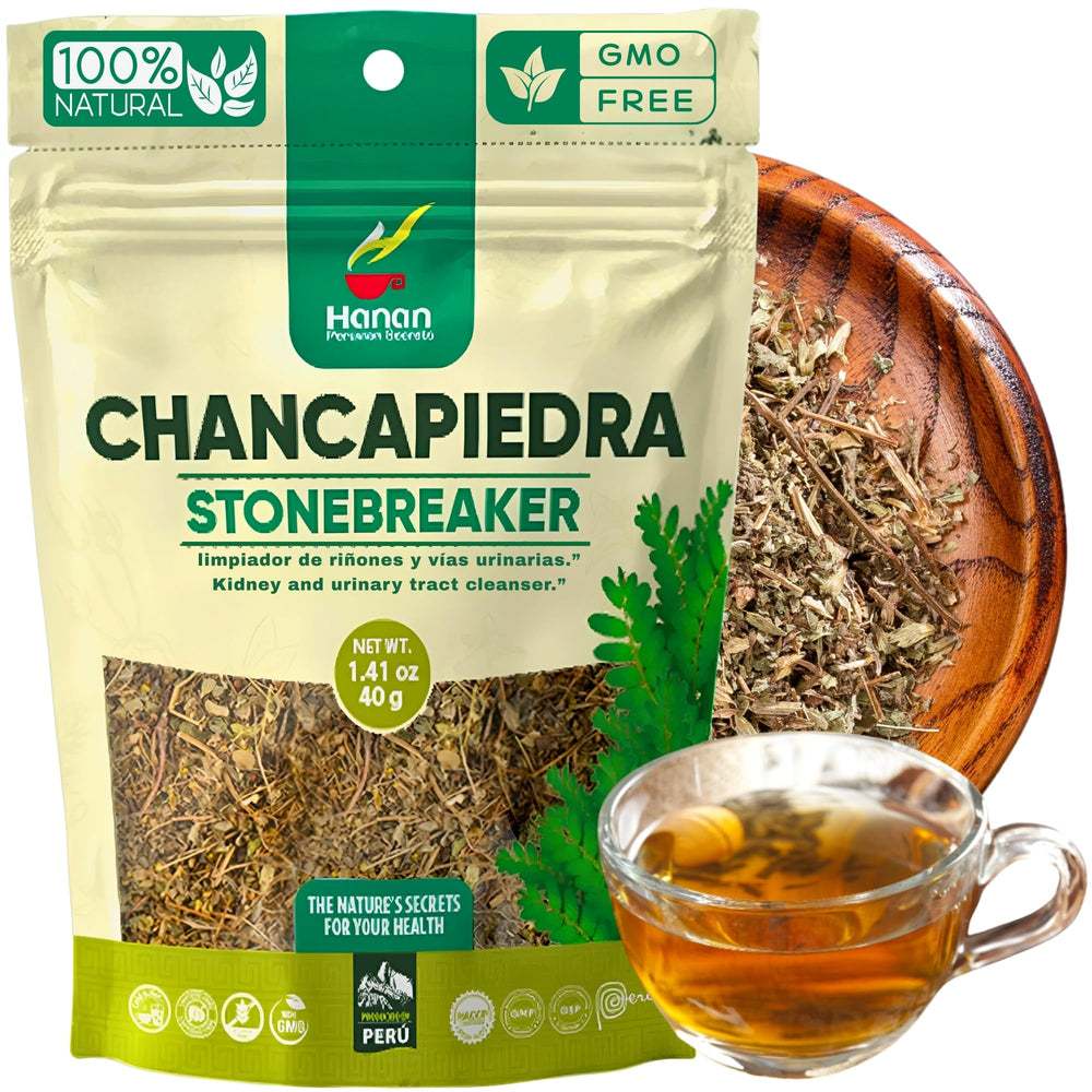 Hanan Chanca Piedra loose-leaf tea pack from Peru for daily kidney-support routine.