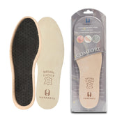 HANDARTE leather sockless insole front view shows a sleek, dress-ready silhouette