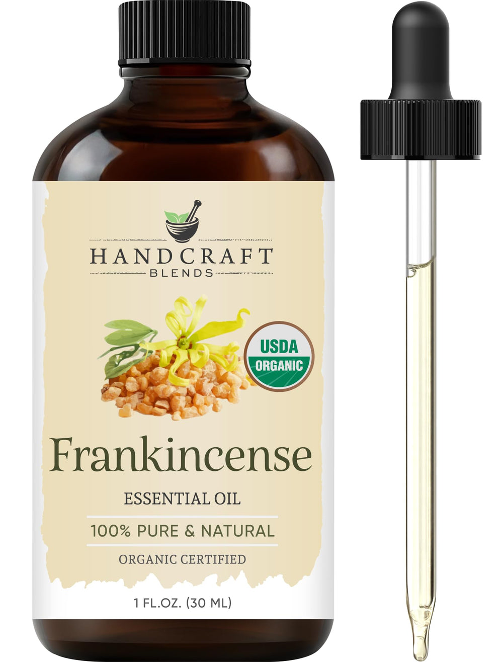 Handcraft Blends Frankincense oil bottle front view, ready for diffuser use.