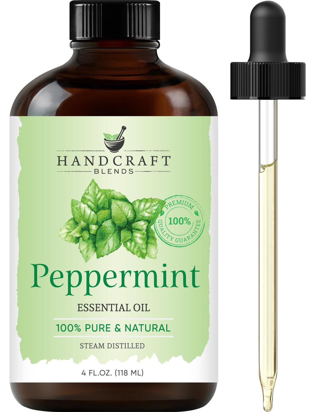 Handcraft Blends Peppermint Essential Oil bottle closeup, showing purity and premium packaging.