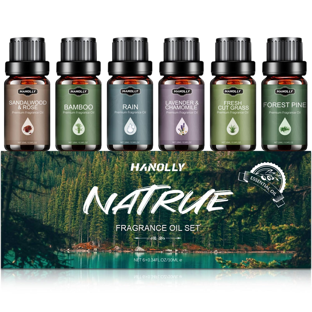 Hanolly sandalwood-rose oil bottle pouring for diffuser aromatherapy and mood enhancement