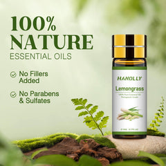 Hanolly oil bottle labels closeup showing notes and ingredients.