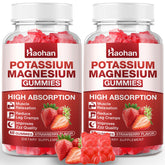 Haohan Potassium Magnesium Gummies bottle shows vegan strawberry formula for daily electrolyte support.