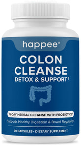 Happee colon cleanser bottle displayed for easy daily use and digestive wellness.