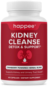 Happee Kidney Cleanse bottle front shows 60 capsules for daily kidney support.