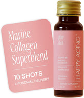Happy Aging Glow Shot bottle front highlighting 10,000mg marine collagen for hydration.