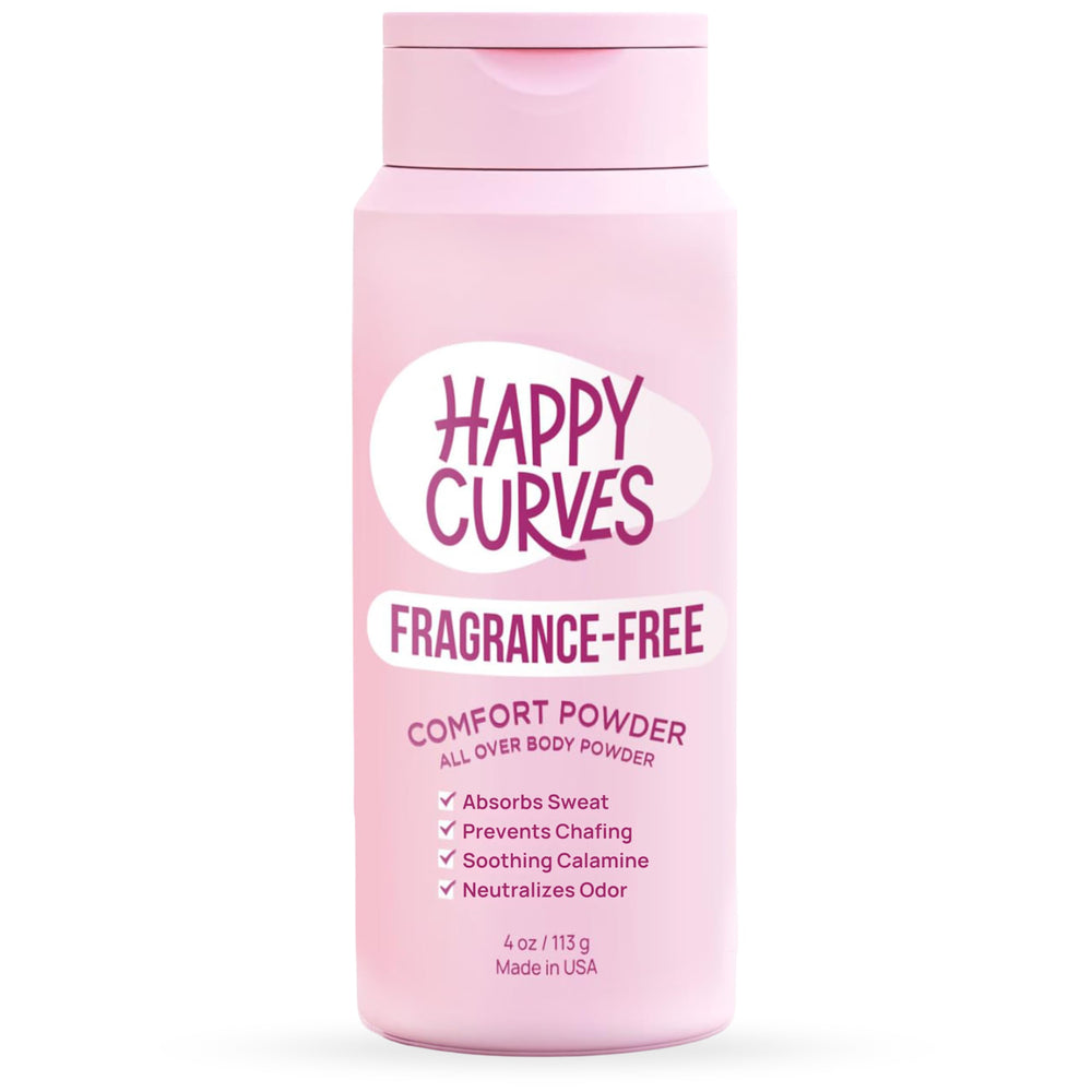 Envase de 4 oz de Happy Curves Comfort Powder para uso diario y absorción de sudor.