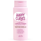 HAPPY CURVES Comfort Powder bottle pour demonstrates quick, talc-free application for all-day dryness.