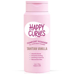 HAPPY CURVES Comfort Powder bottle pour demonstrates quick, talc-free application for all-day dryness.