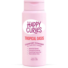 Happy Curves Comfort Powder bottle shows talc-free formula for all-day dryness