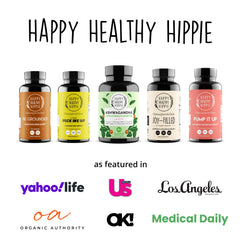 Happy Healthy Hippie Ashwagandha bottle on shelf for daily use.