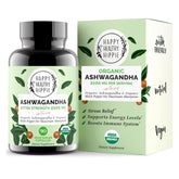 Happy Healthy Hippie Organic Ashwagandha capsules bottle supports daily stress resilience.