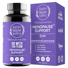 Happy Healthy Hippie flow capsules with DIM and probiotics supporting menopause balance.
