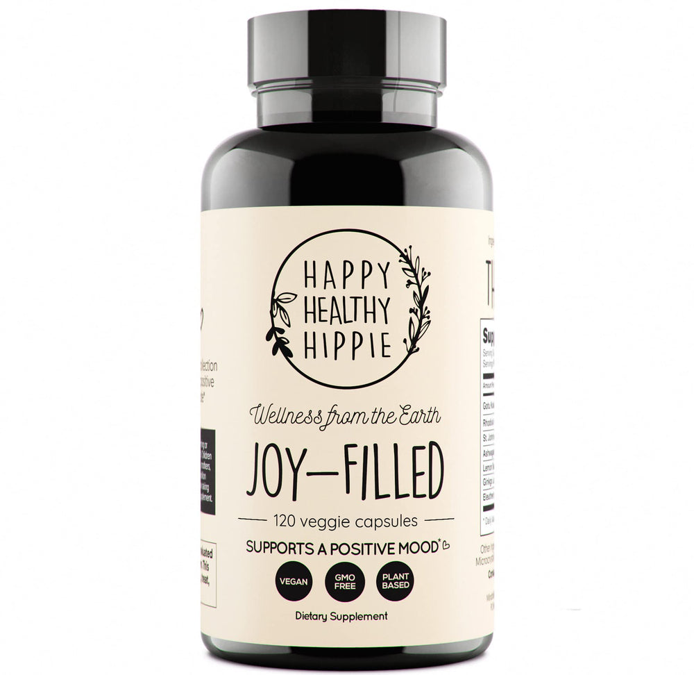Happy Healthy Hippie Joy-Filled mood supplement bottle shows plant-based calm potential