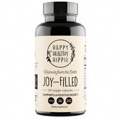 Happy Healthy Hippie Joy-Filled mood supplement bottle shows plant-based calm potential