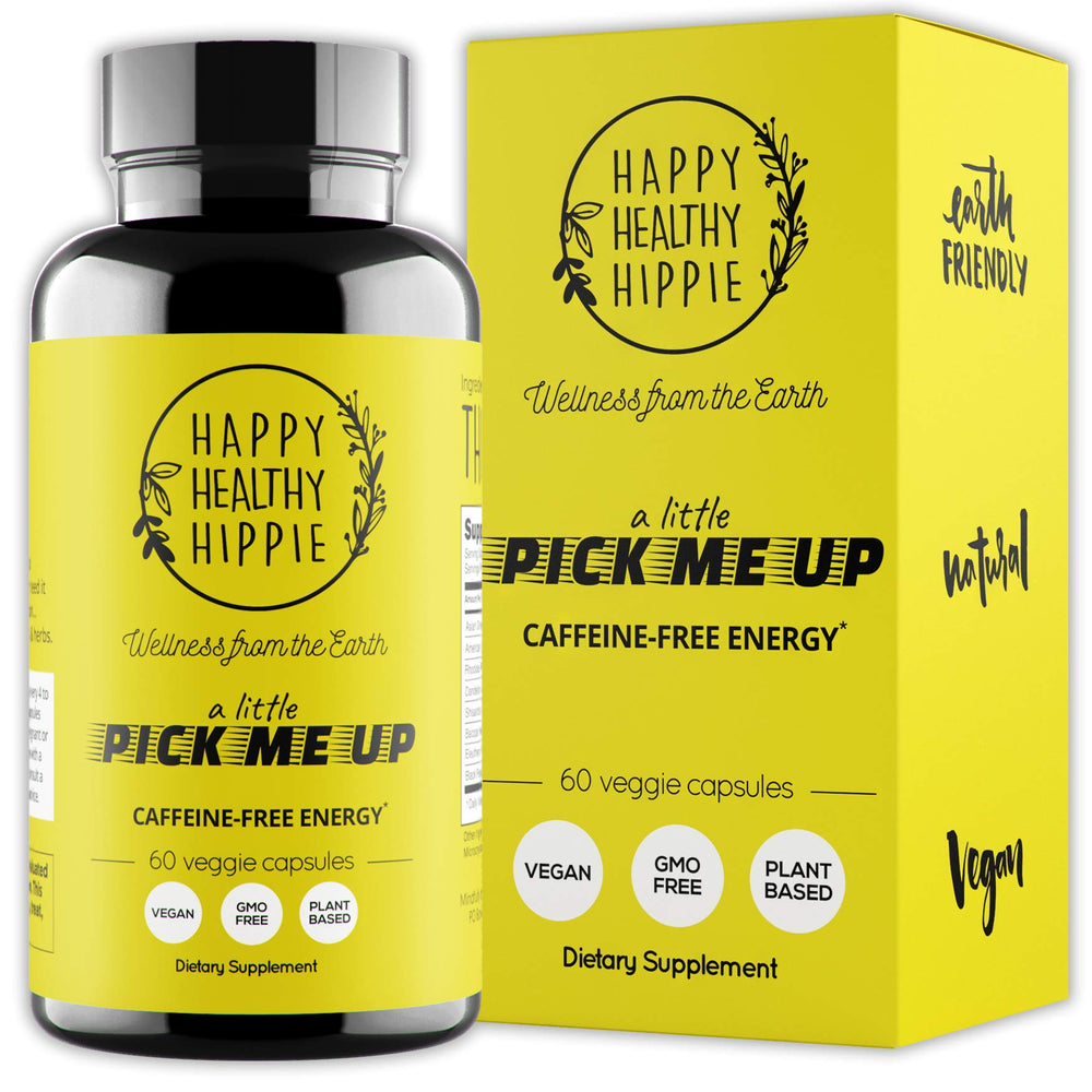 Happy Healthy Hippie natural energy pills packaging close-up showing caffeine-free energy for daily focus.