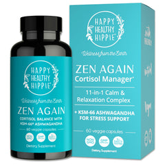 Happy Healthy Hippie Zen Again bottle promotes calm energy during busy days.
