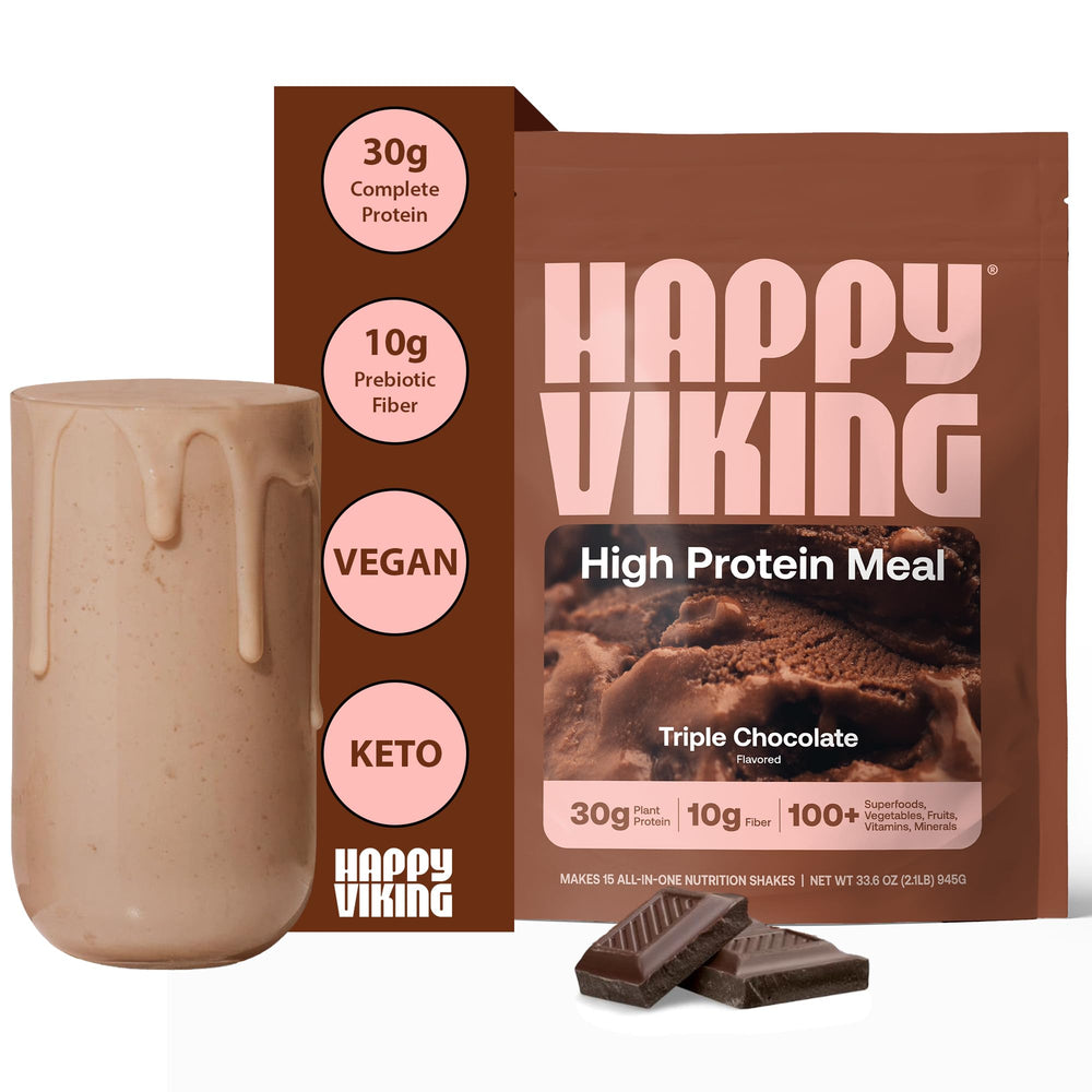 Happy Viking Chocolate Protein + Superfoods powder in bag for plant-based nutrition on the go