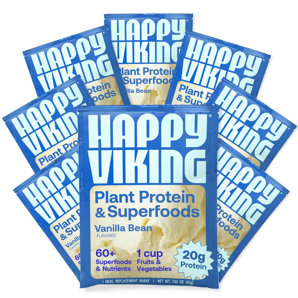 Happy Viking Vanilla Bean protein powder bag showing plant protein for sustained energy